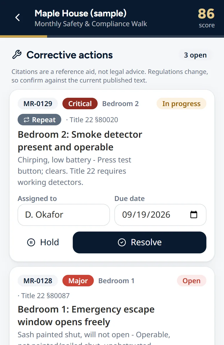 Numbered repair tickets with severity, assignee, due date, and a Resolve button.