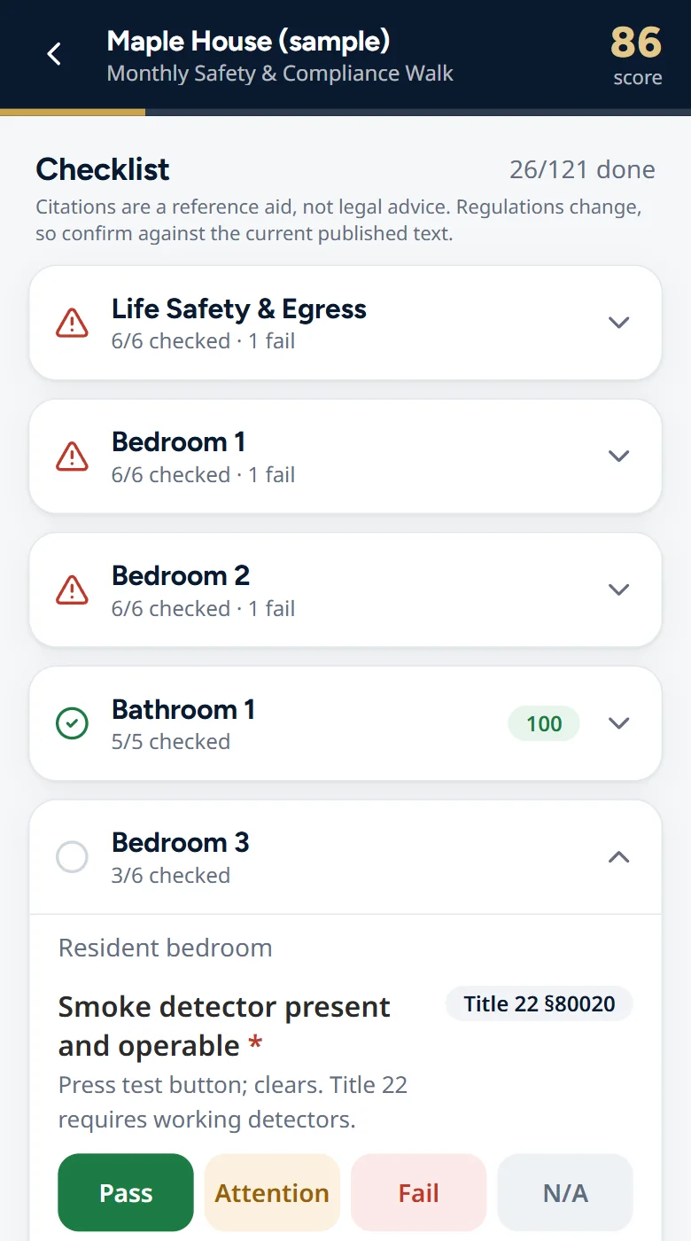 A TightShip inspection checklist for a sample home, with Pass, Attention, Fail and N/A buttons and a regulation reference on each item.