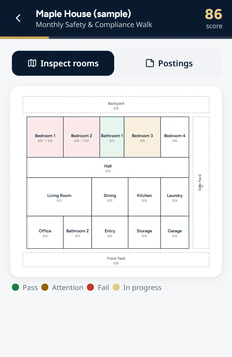 A floor plan of a sample home with rooms shaded green, amber, or red by inspection result.